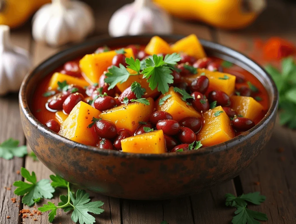 Freshly prepared squash and kidney beans dish garnished with herbs, served in a white bowl on a rustic table.