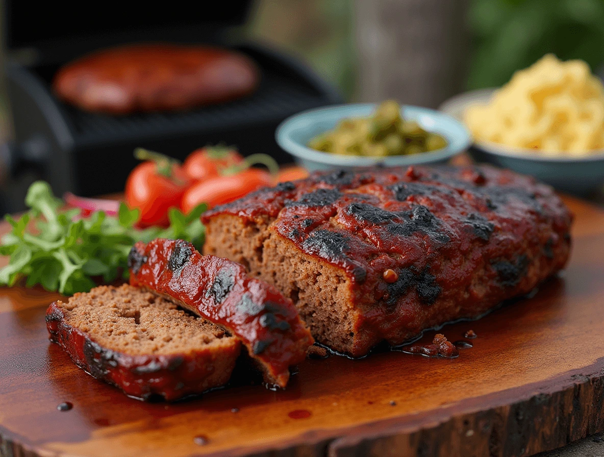 Smoked meatloaf on a grill with a smoky glaze and wood chips surrounding it