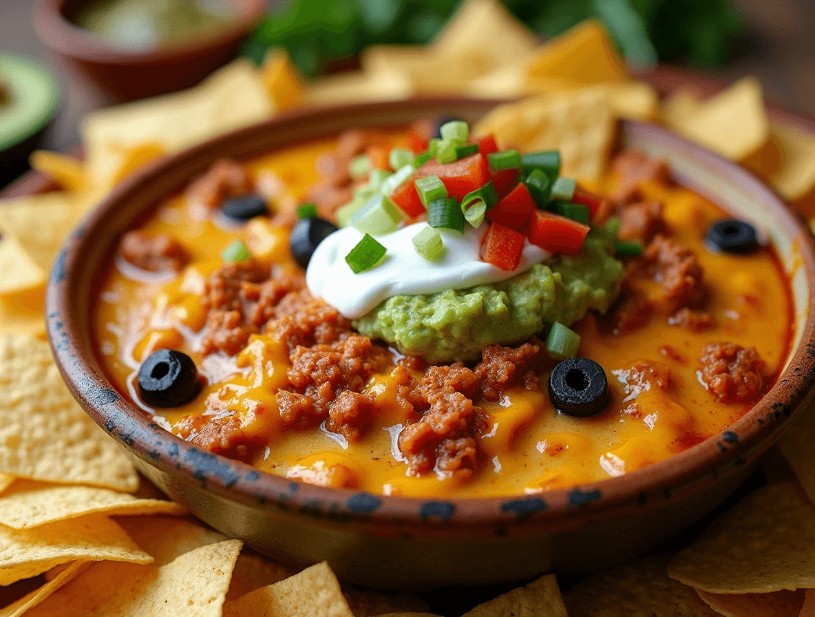 Layered taco dip with ground beef, cheese, salsa, and fresh toppings, served with tortilla chips.