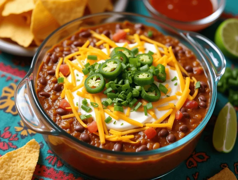 Taco dip recipe with refried beans, layered with sour cream, cheese, and fresh toppings, served with tortilla chips and vegetables on a wooden table.