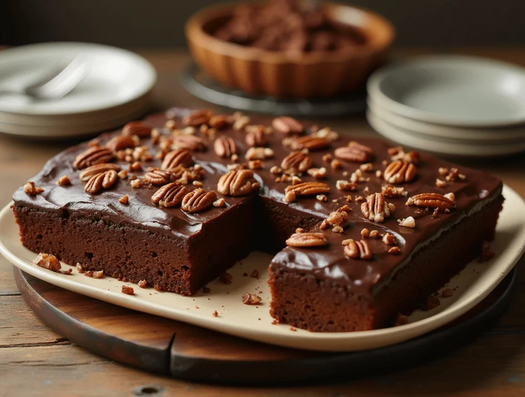 Texas sheet cake with rich chocolate frosting and pecans, served on a rustic wooden table.