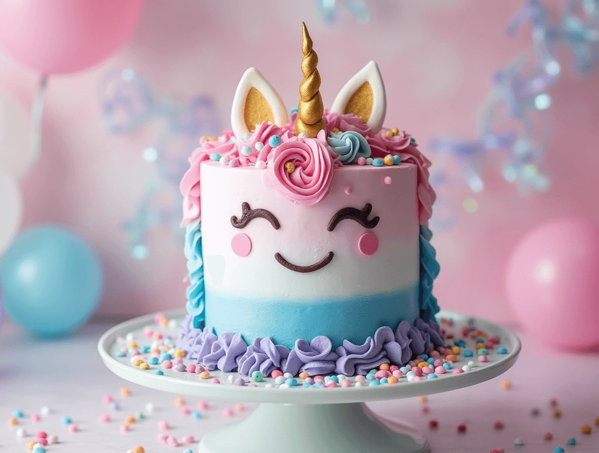 Colorful unicorn cake with pastel layers, golden unicorn horn, and fondant ears, decorated with rainbow sprinkles and edible glitter