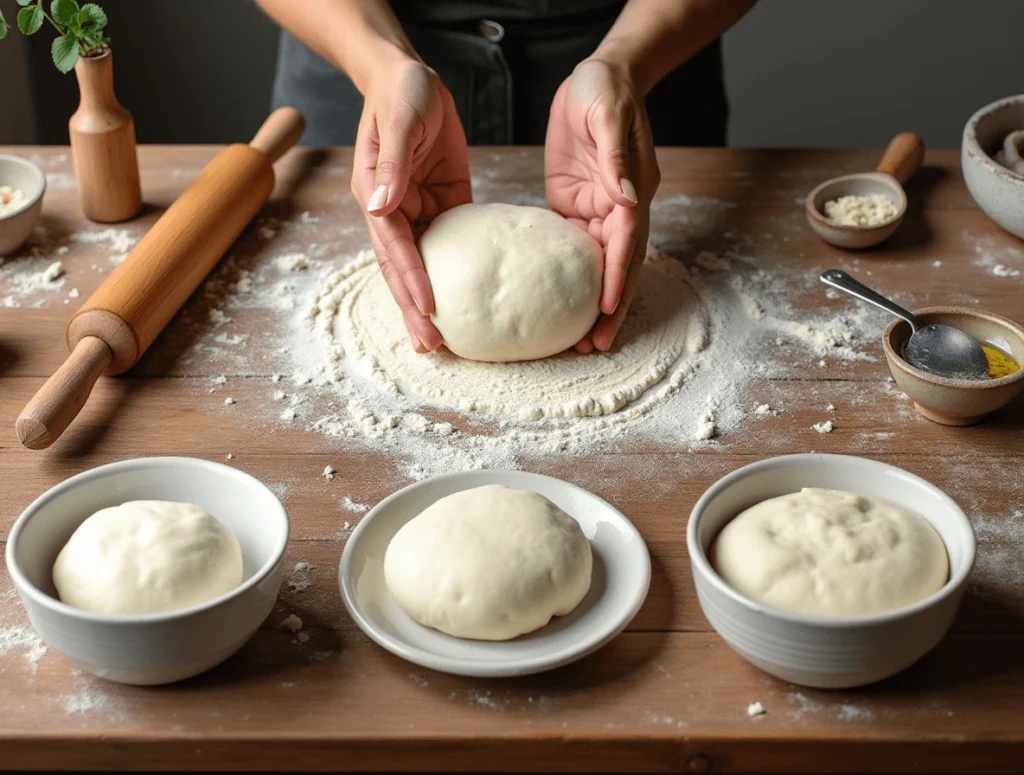 Hands kneading pizza dough on a floured countertop, with a dough ball resting in the background.