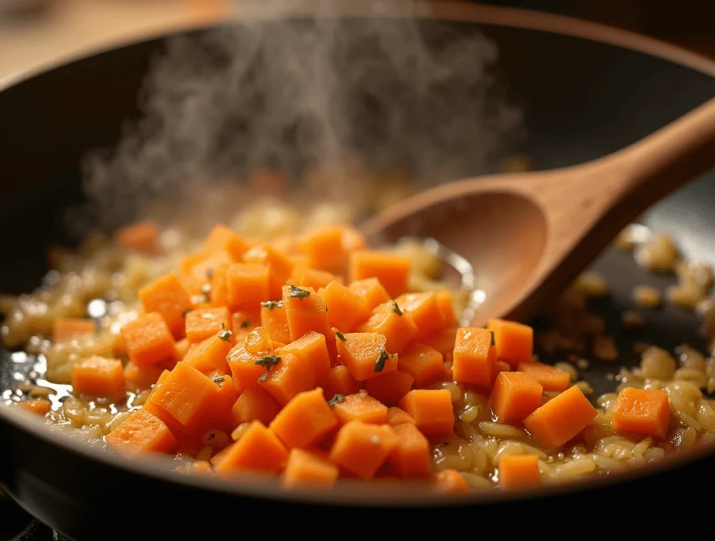 Onions, garlic, and carrots sautéing in olive oil in a rustic skillet, releasing aromatic flavors.