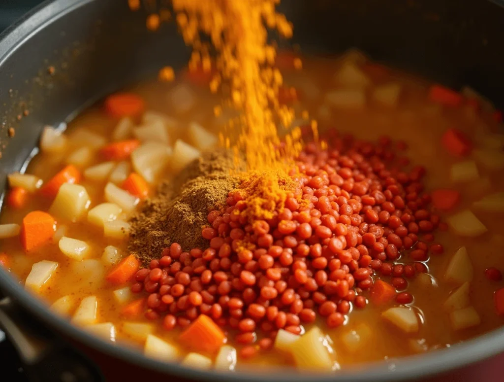 Adding cumin, turmeric, coriander, and red lentils to a pot of sautéed onions, garlic, and carrots for added flavor.