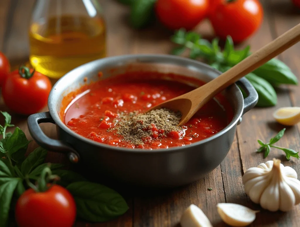 Simmering homemade pizza sauce with olive oil, crushed tomatoes, and fresh herbs in a saucepan.