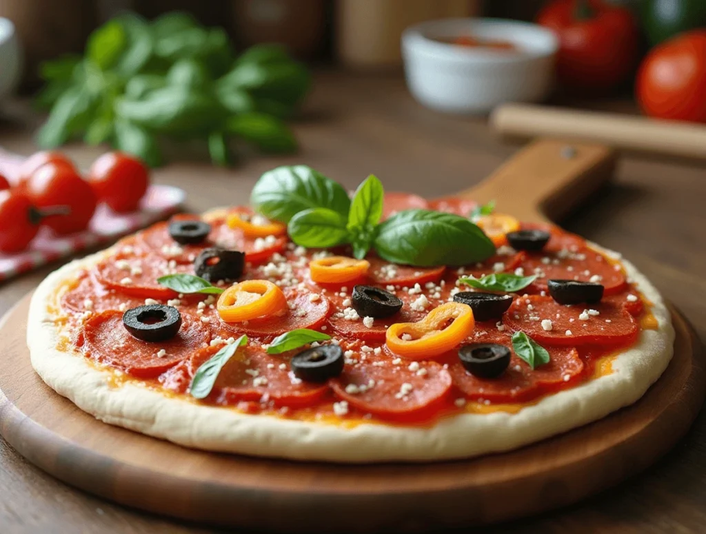 Pizza with evenly distributed toppings including mozzarella cheese, pepperoni, mushrooms, and bell peppers on a dough base.