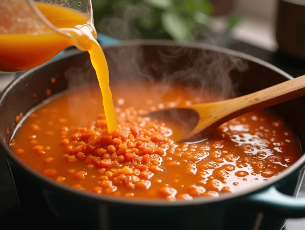 Pouring vegetable broth and tomatoes into a pot with red lentils, simmering for 20 minutes to soften the lentils.