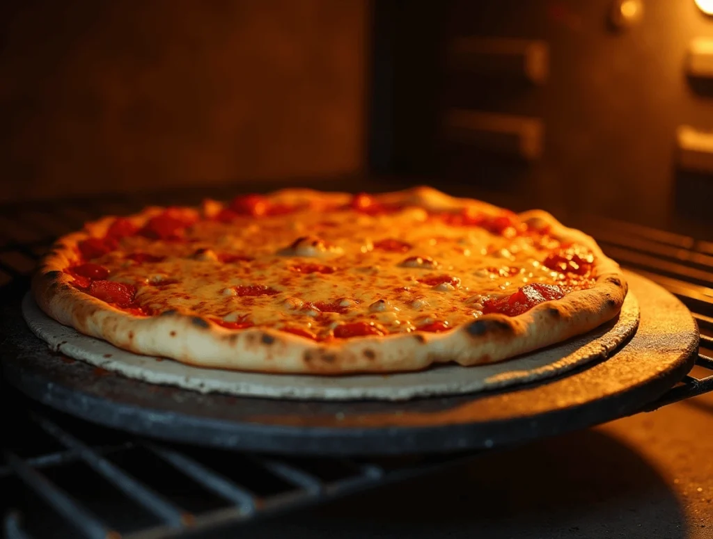 Pizza on a pizza stone inside a preheated oven, with a crispy crust and melted cheese bubbling on top.