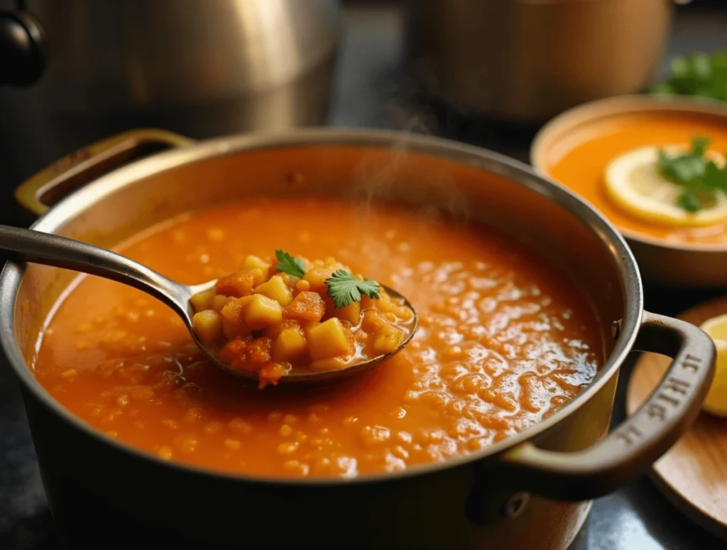 Blending part of the red lentil soup to create a creamy texture, while keeping some lentils and vegetables chunky.