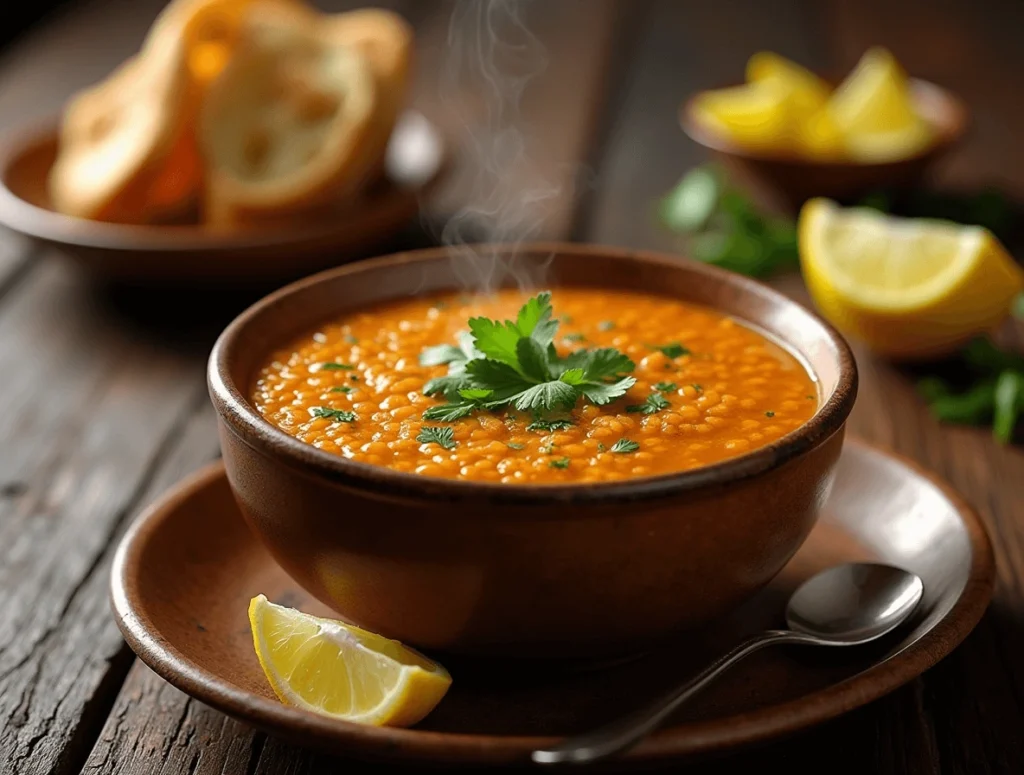 Serving a bowl of red lentil soup topped with fresh cilantro, a drizzle of lemon juice, and a wedge of lemon on the side.