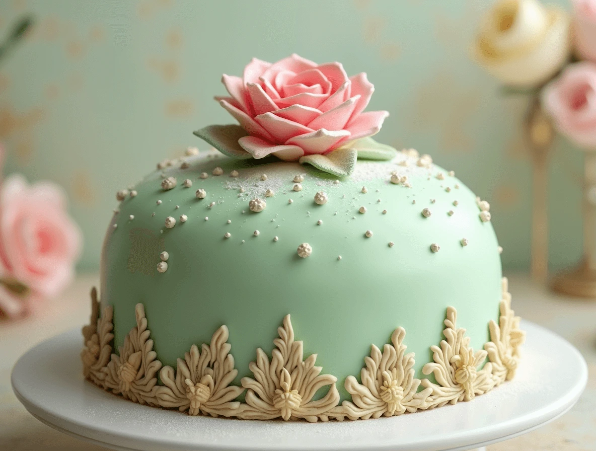 Close-up of Princess Cake with a green marzipan covering and a delicate pink marzipan rose on top.