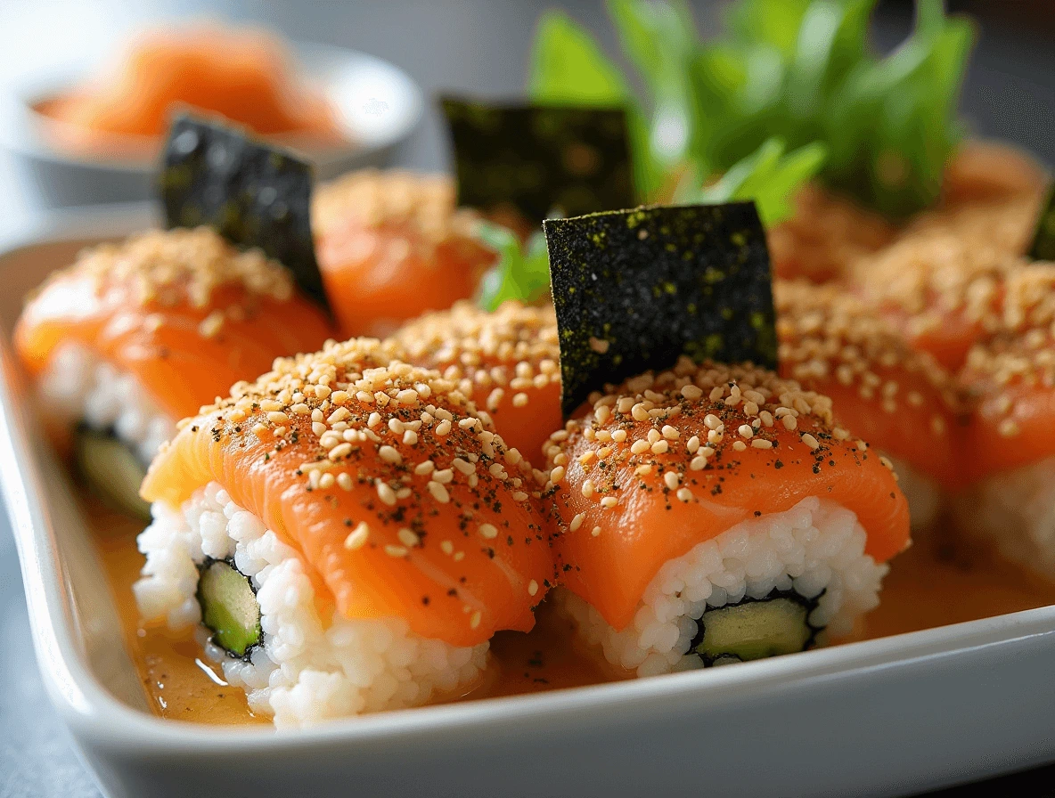 A sushi bake being topped with a generous sprinkle of furikake seasoning and a side of nori sheets for serving.