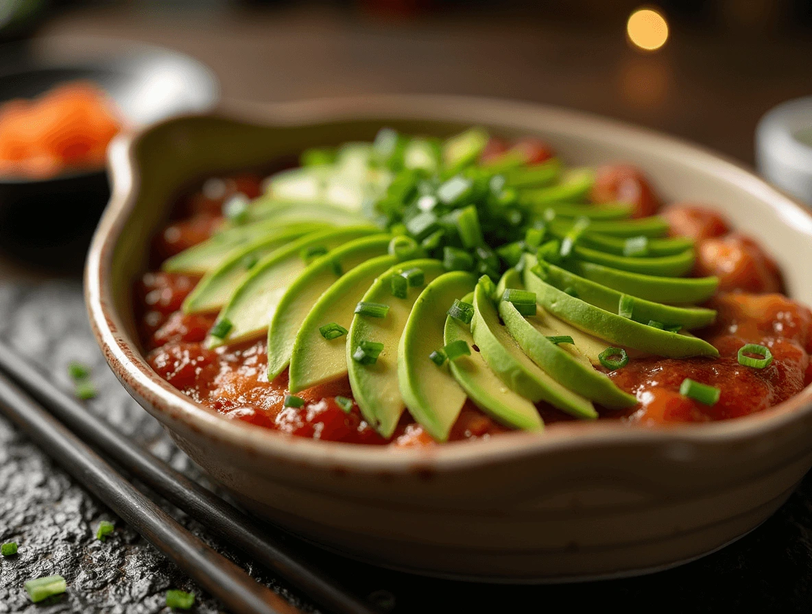 Sliced avocado and freshly chopped green onions garnish a sushi bake tuna, adding a creamy texture and a refreshing burst of flavor.