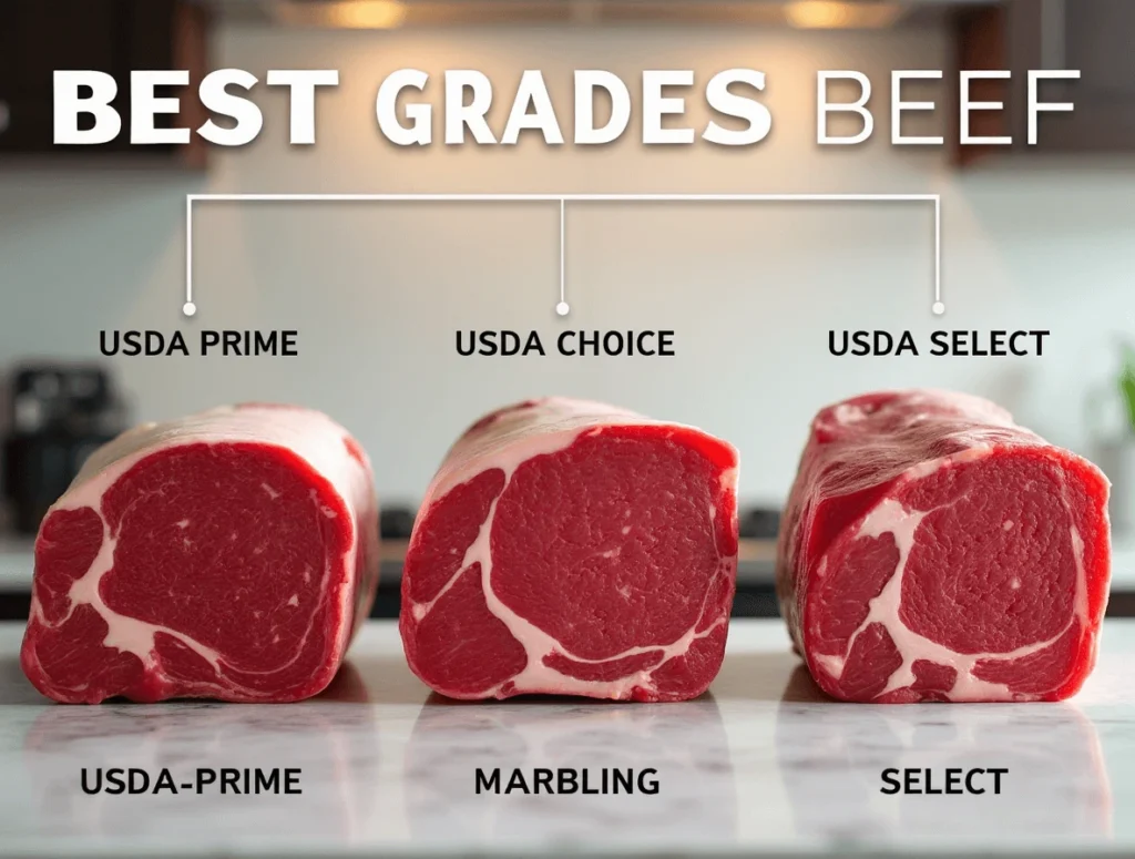 Comparison of USDA Prime, Choice, and Select beef cuts showing marbling differences.