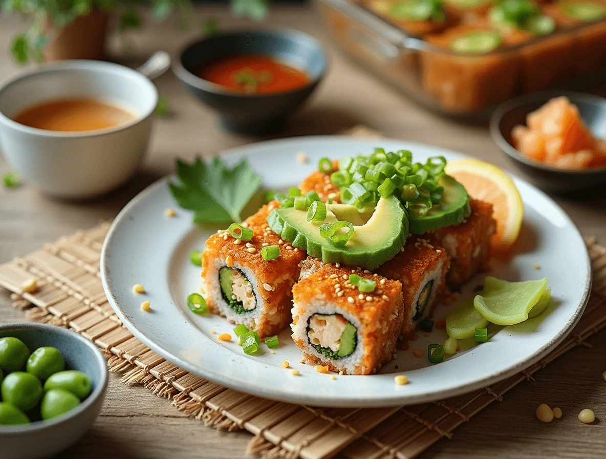 Vegan sushi bake served with miso soup, edamame, pickled ginger, and chopsticks for the perfect meal pairing.