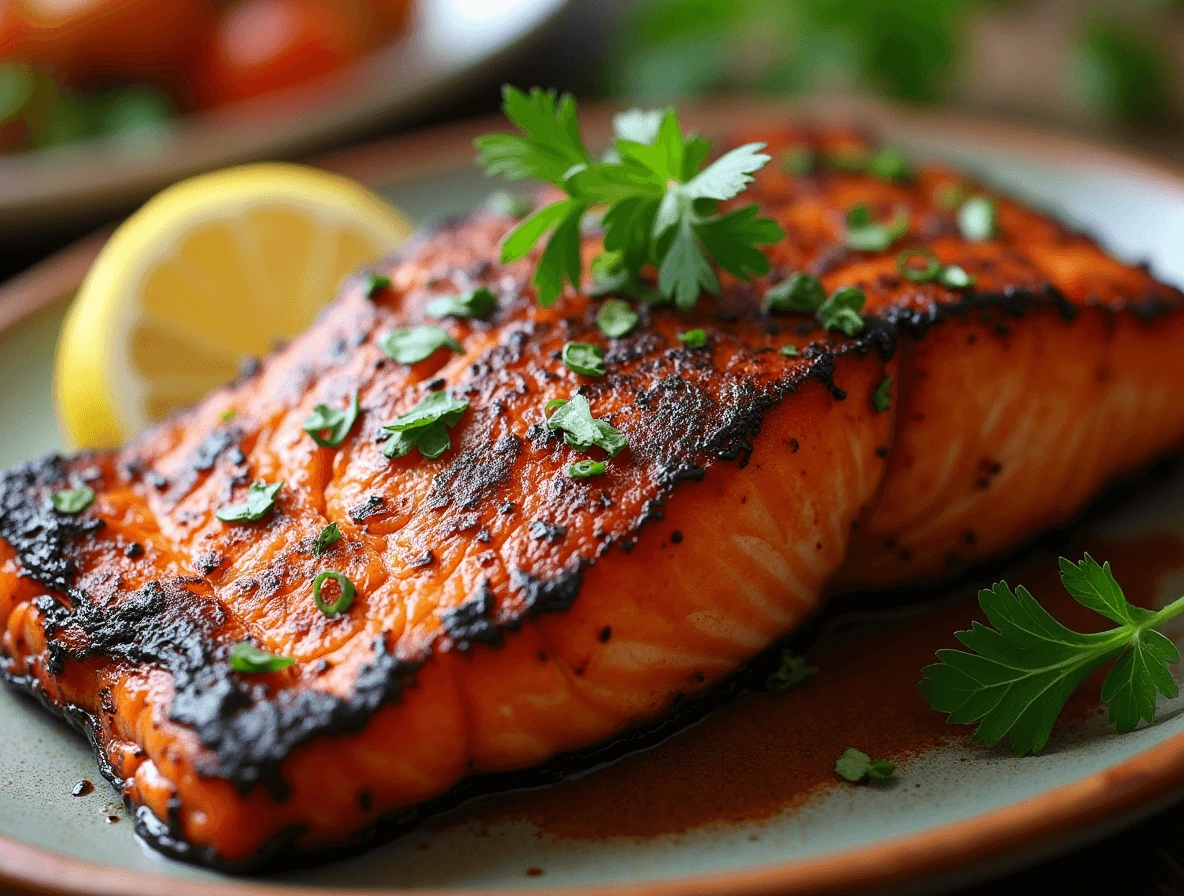 Blackened salmon fillets sizzling on a griddle with a crispy, flavorful crust and tender, flaky interior.