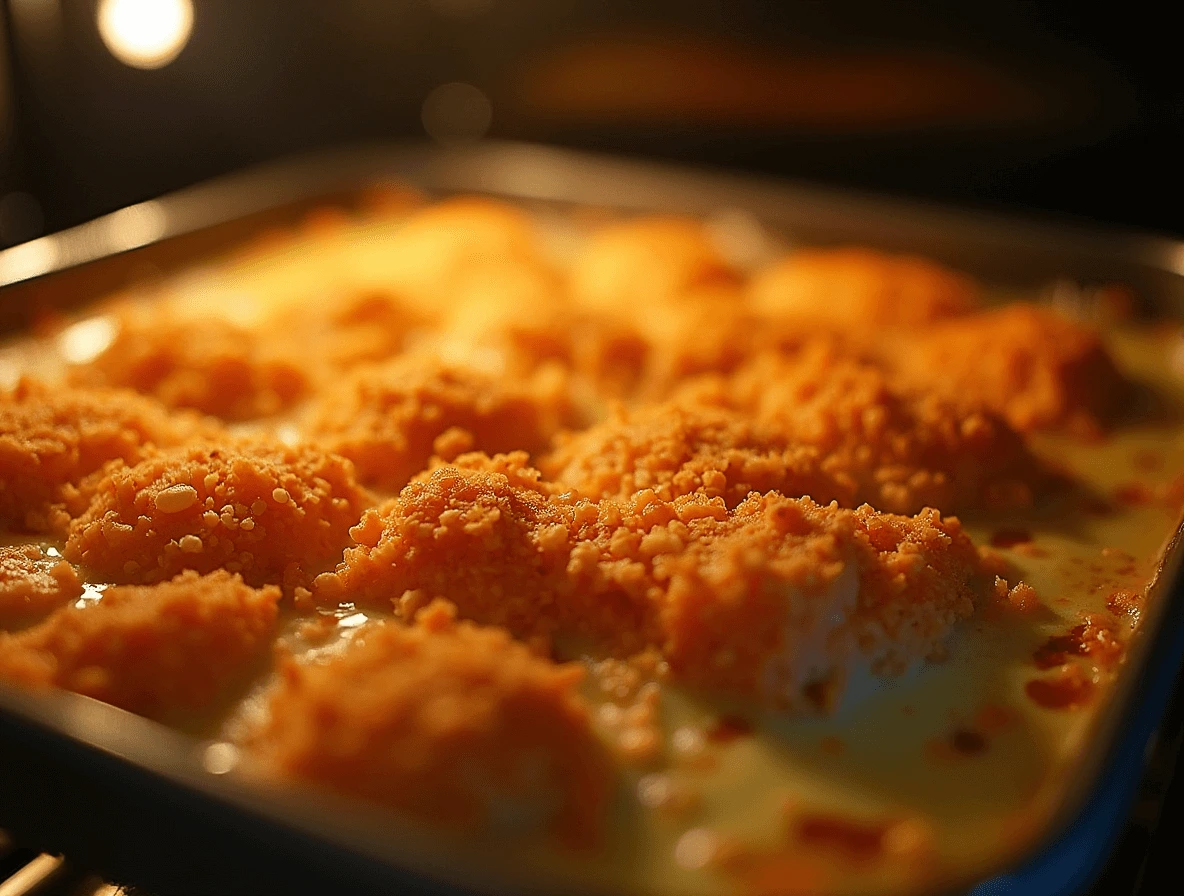 A sushi bake in the oven under the broiler, developing a golden, bubbly cheese topping.