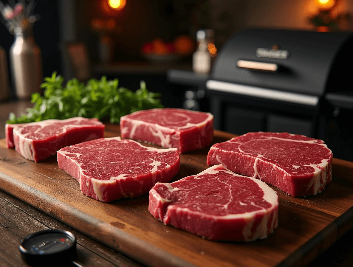 A selection of high-quality steak cuts, including ribeye, sirloin, filet mignon, and NY strip, displayed on a wooden board for Traeger grilling.