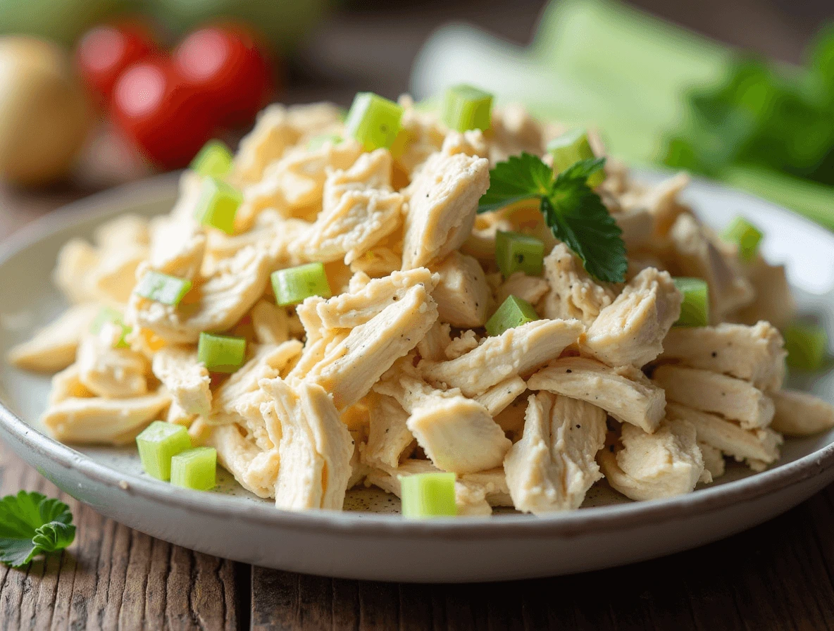 Classic Carol chicken salad in a bowl with shredded chicken, mayonnaise, and light seasoning.