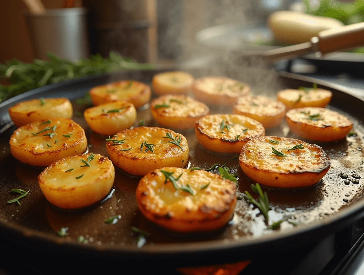 Crispy griddle potatoes with golden-brown edges and tender insides, served as a delicious side dish.