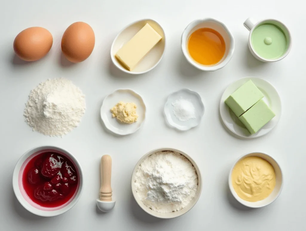 Display of essential ingredients for Princess Cake: eggs, flour, sugar, marzipan, pastry cream, raspberry jam, and whipped cream.