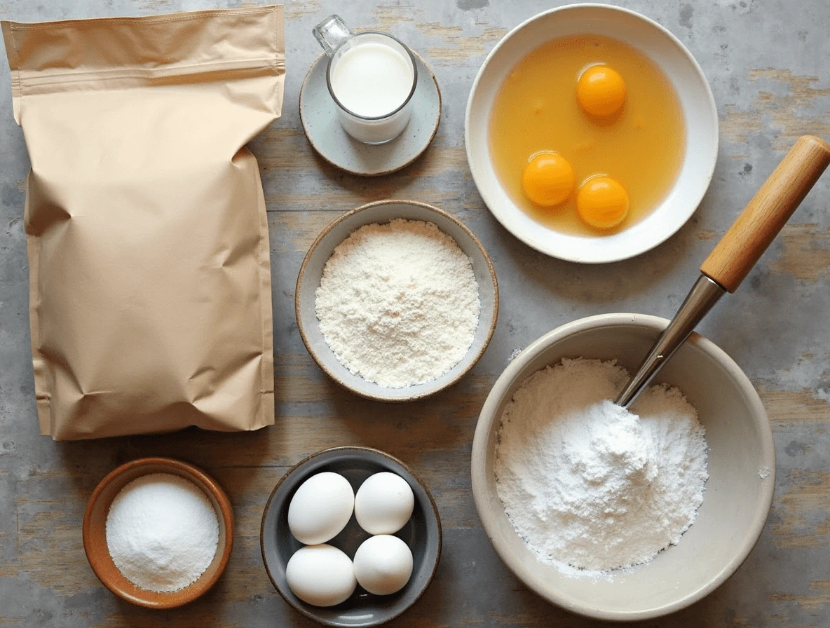 A flat-lay of essential ingredients for authentic beignets, including flour, yeast, sugar, milk, eggs, butter, and powdered sugar, arranged on a wooden surface.