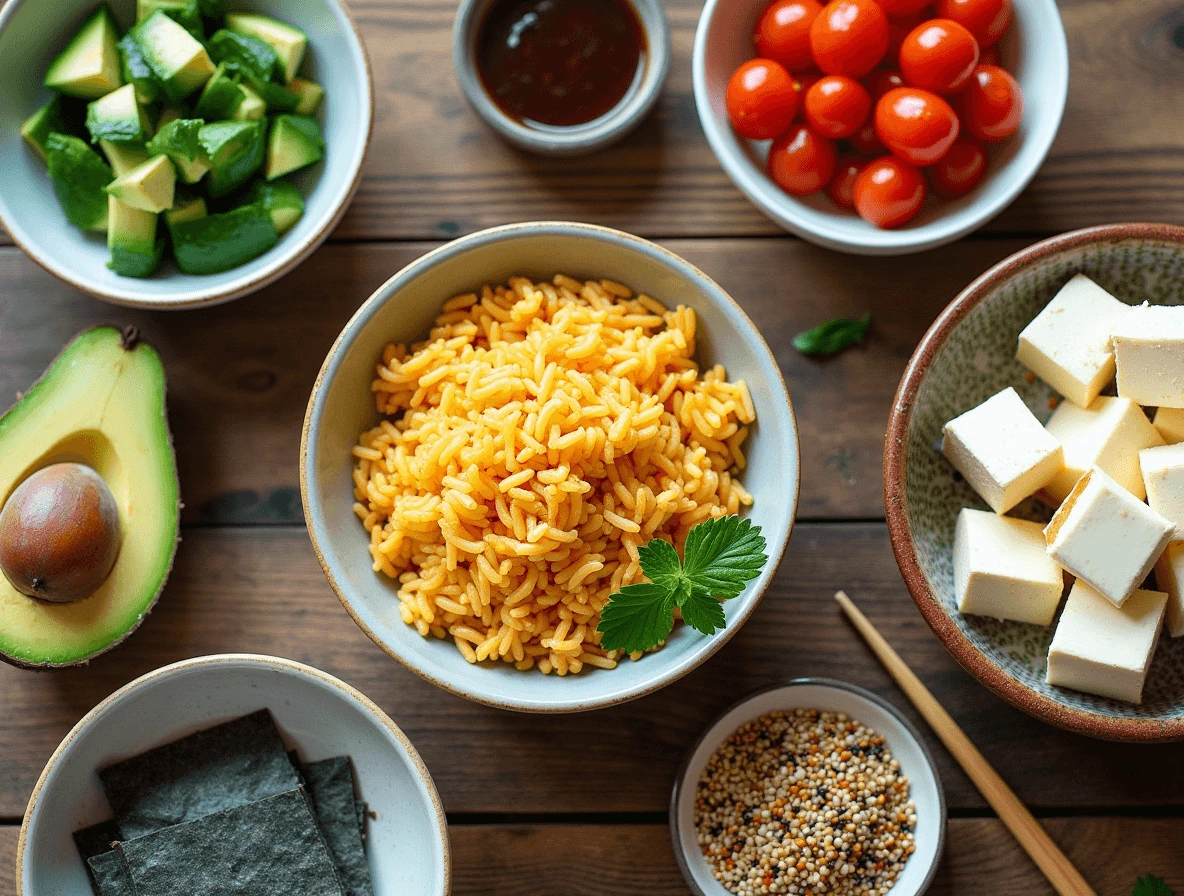 Essential ingredients for vegan sushi bake: sushi rice, nori sheets, tofu, tamari, avocado, and sesame seeds.