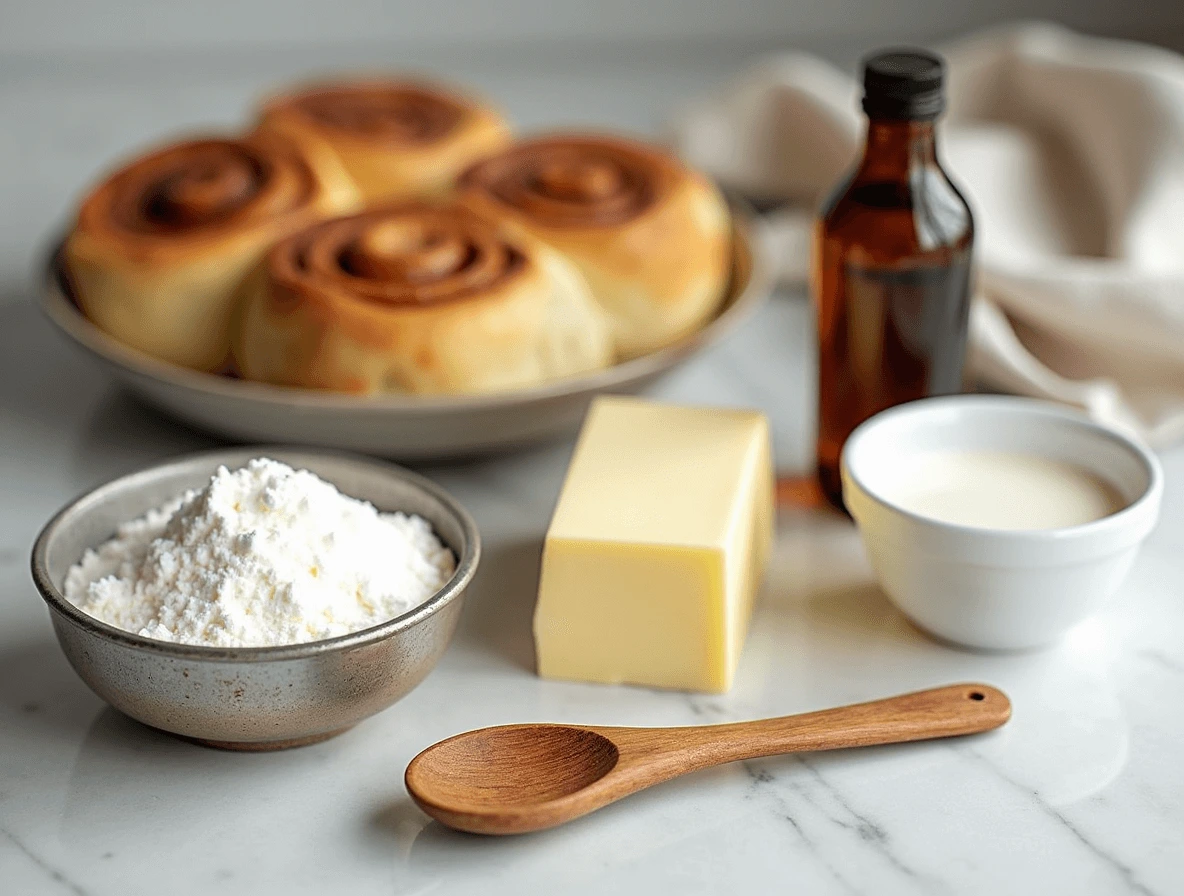 A flat lay of essential ingredients for cinnamon roll icing, including powdered sugar, butter, vanilla extract, and milk, arranged on a rustic kitchen counter.