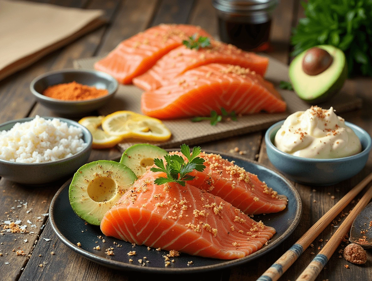 A top-down view of essential ingredients for sushi bake, including salmon, sushi rice, Japanese mayo, cream cheese, furikake, and nori sheets.