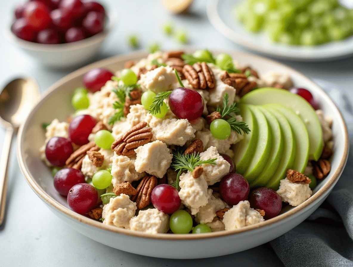 Fancy Nancy chicken salad with grapes, apples, and pecans, served in a bowl with leafy greens