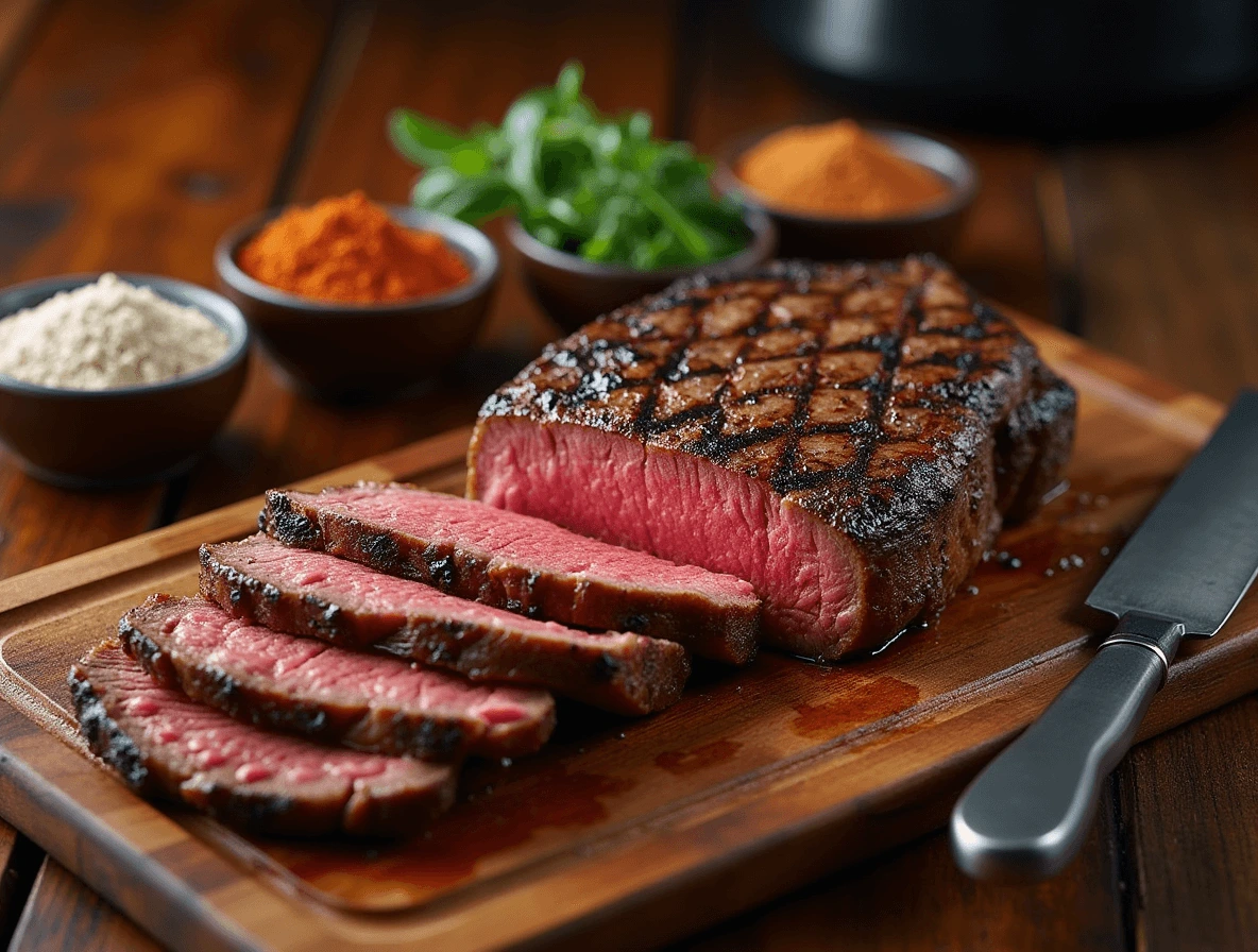 A perfectly grilled Traeger steak resting on a wooden board, sliced for serving, with seasonings, wood pellets, and a sharp knife nearby.