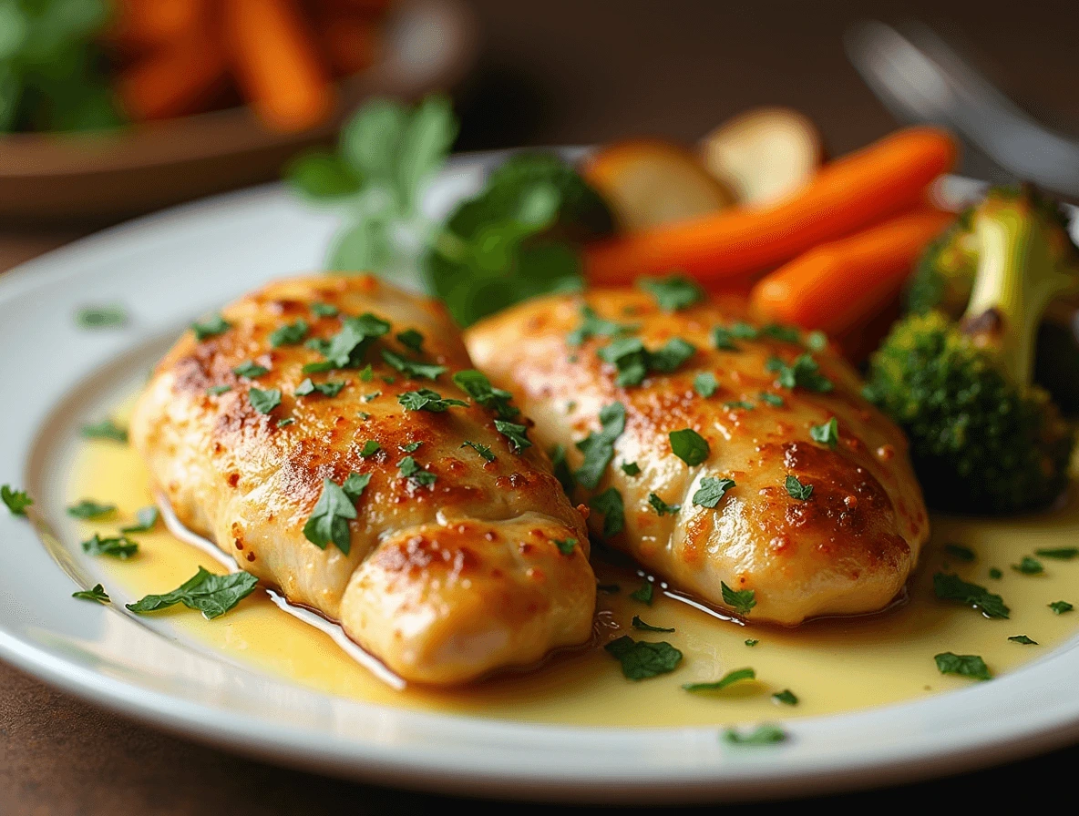 Garlic butter chicken breasts sizzling on a griddle with golden, crispy edges and a flavorful, creamy sauce.