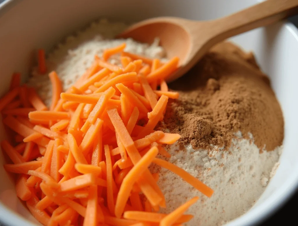 Grated fresh carrots being mixed into dry ingredients for a homemade carrot cake.