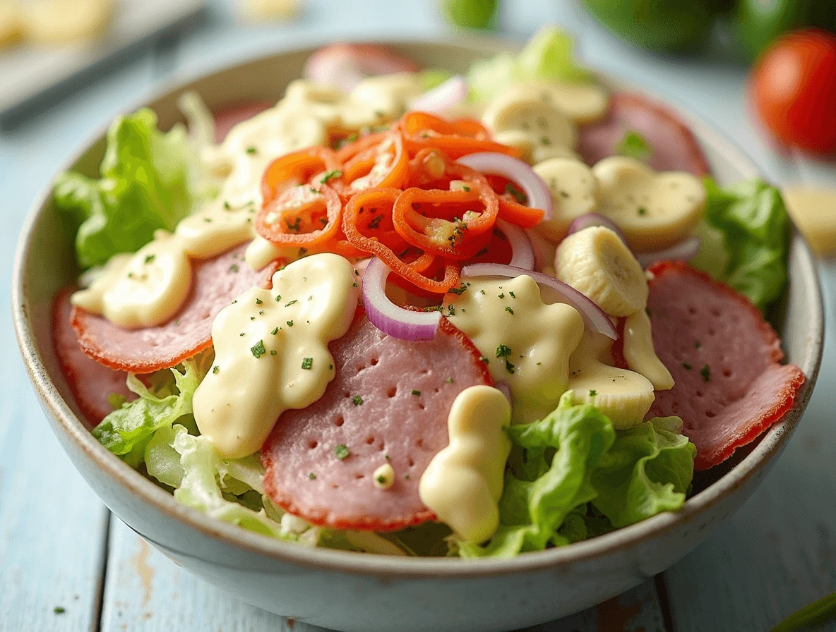 Fresh and colorful grinder salad with deli meats, cheese, and veggies topped with creamy dressing.