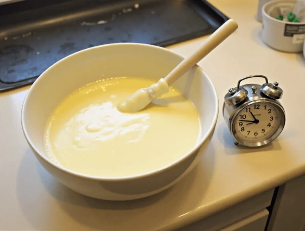 Bisquick pancake batter resting in a bowl before cooking, with a timer nearby.