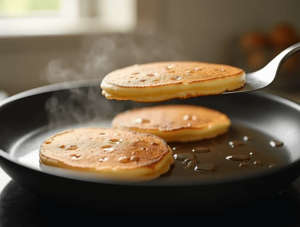 Bisquick pancakes cooking on a non-stick skillet over low heat, turning golden brown.