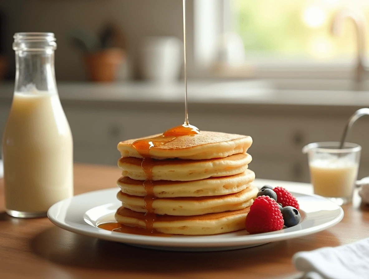 Fluffy Bisquick Pancakes Recipe made with buttermilk, topped with maple syrup and fresh fruit.