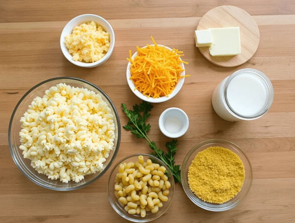 A flat lay of ingredients for Tini’s mac and cheese, including shredded cheddar, Parmesan, elbow macaroni, butter, heavy cream, milk, and breadcrumbs on a wooden countertop.
