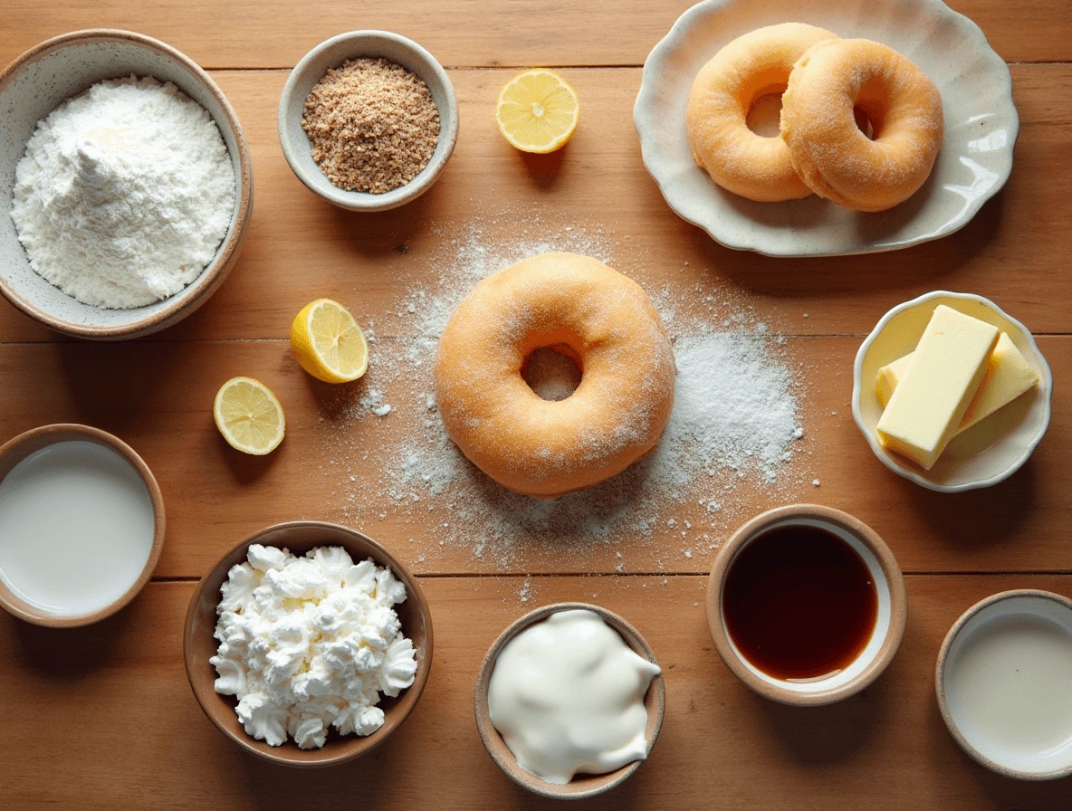 A neatly arranged assortment of ingredients for making Long John donuts, including flour, sugar, yeast, eggs, butter, milk, chocolate glaze, and custard filling.