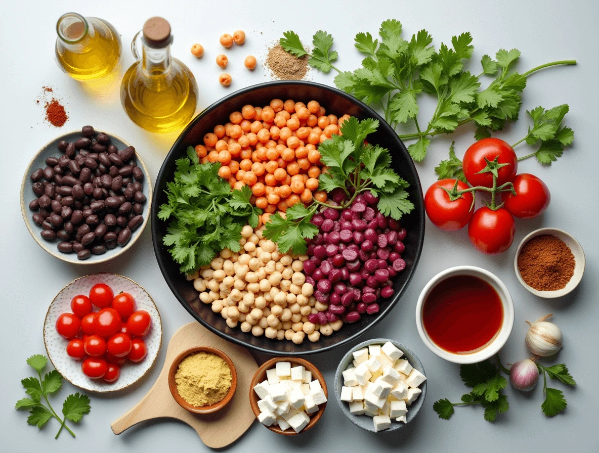 Ingredients for the ultimate dense bean salad: black beans, kidney beans, chickpeas, tomatoes, red onion, cilantro, lime, garlic, and spices.