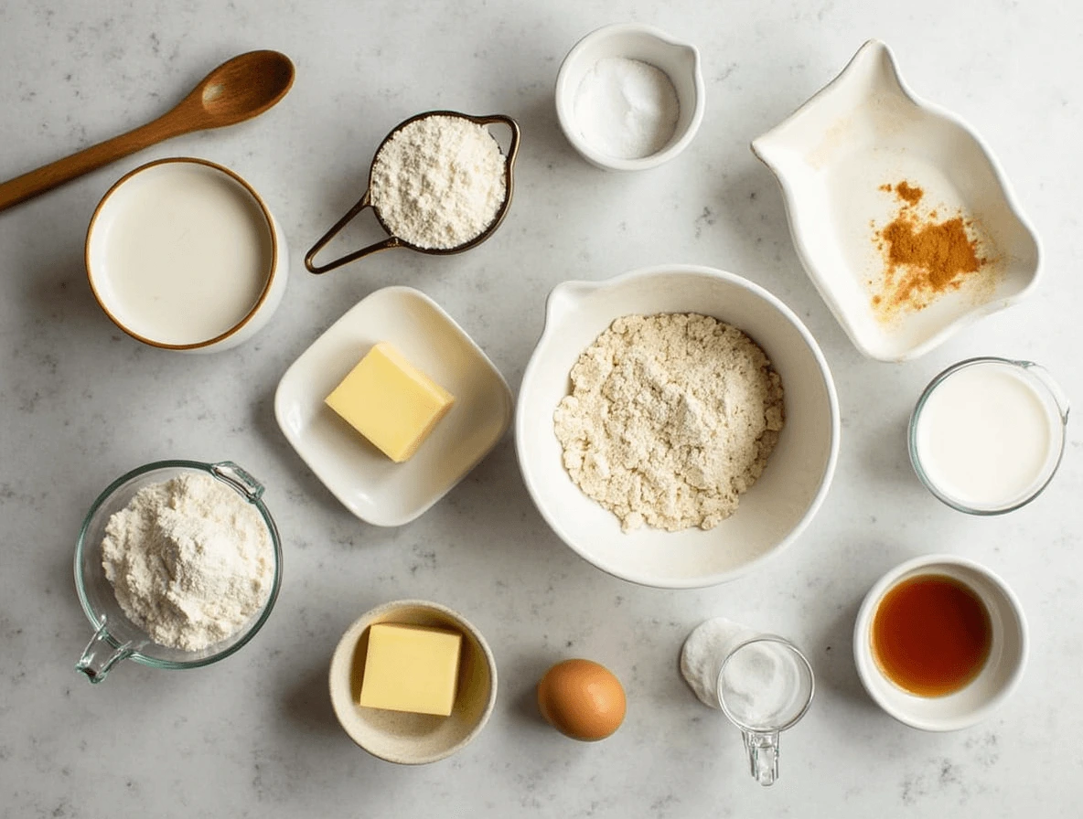 A flat lay of key ingredients for sourdough discard pancakes, including sourdough starter discard, flour, eggs, milk, butter, baking powder, and maple syrup on a wooden surface.