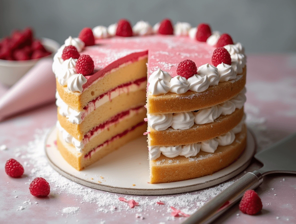 Close-up of a Princess Cake showcasing its perfectly layered sponge, pastry cream, raspberry jam, whipped cream, and marzipan.