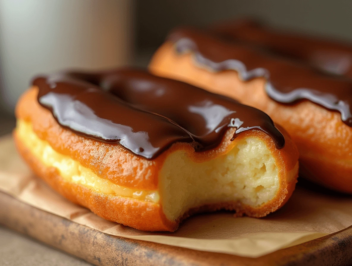 A freshly made Long John donut with a glossy chocolate glaze, resting on a wooden board. The donut is rectangular, fluffy, and golden-brown, with a creamy filling inside.