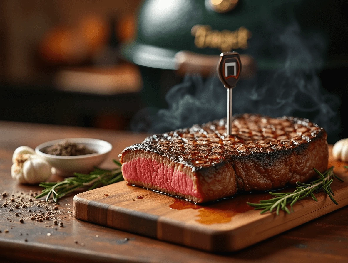 A Traeger grill with a perfectly seared steak, a meat thermometer inserted, and wood pellets nearby, showcasing ideal temperature and smoking techniques.