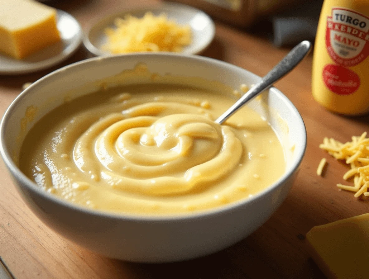 A bowl of Kewpie mayo and shredded cheese being mixed together for a rich, creamy sushi bake topping.