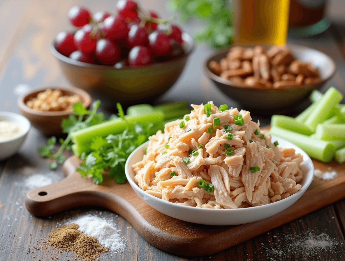 Essential ingredients for a perfect chicken salad recipe: shredded chicken, mayo, grapes, pecans, and seasonings.