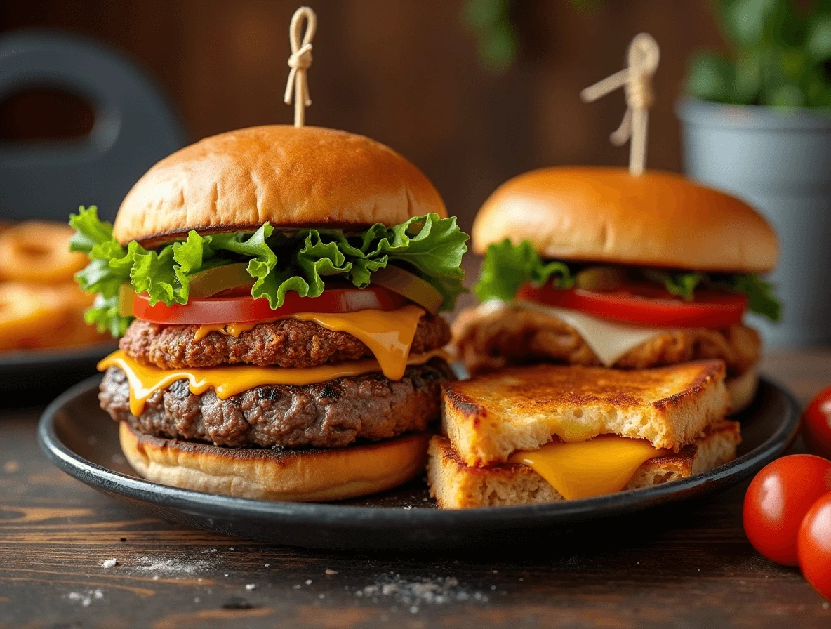 Delicious smash burgers and griddle sandwiches, featuring crispy edges and melted cheese, cooked to perfection on a flat-top griddle.