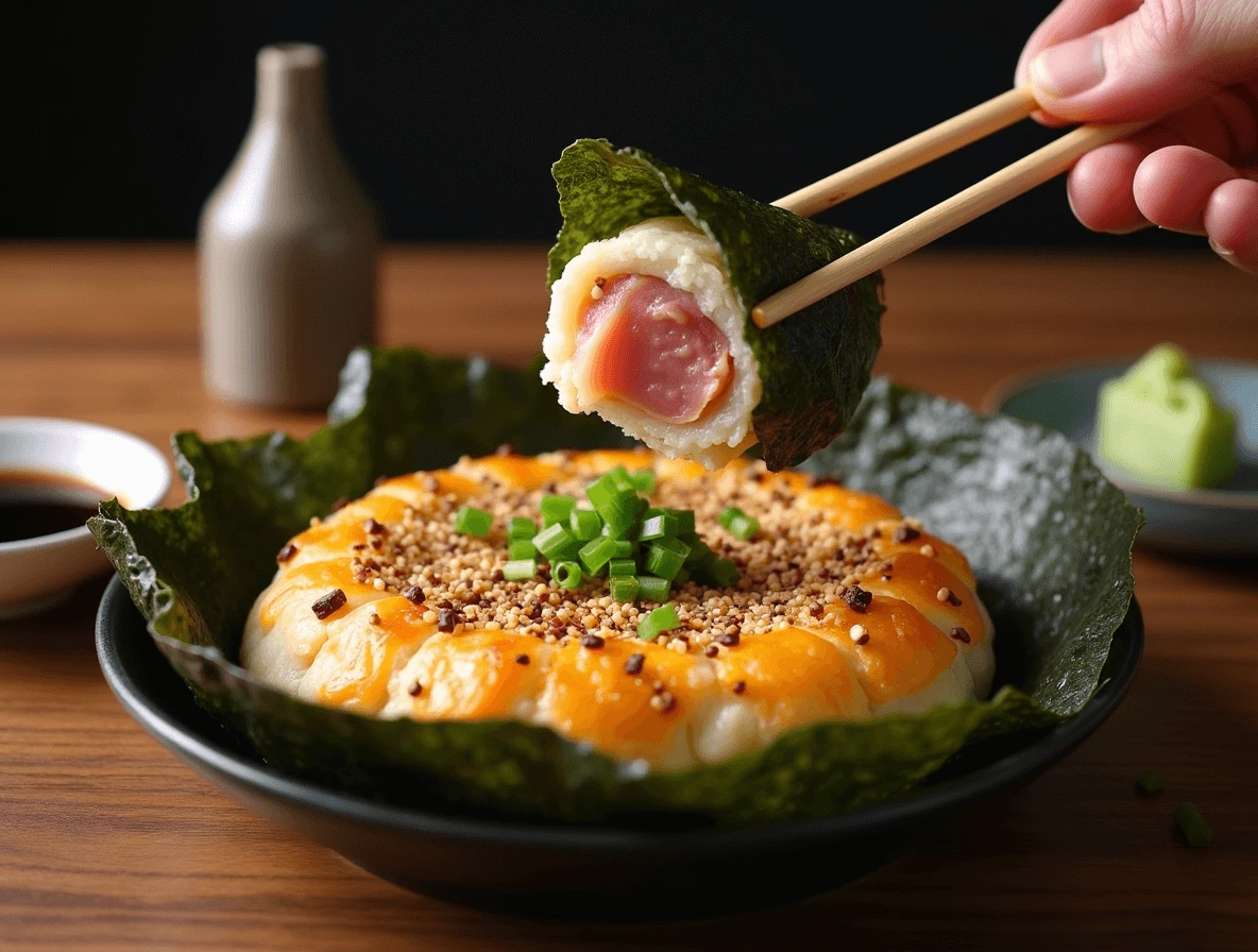 Crisp nori sheets and a small dish of soy sauce served alongside a freshly baked sushi bake tuna, enhancing the classic sushi experience.