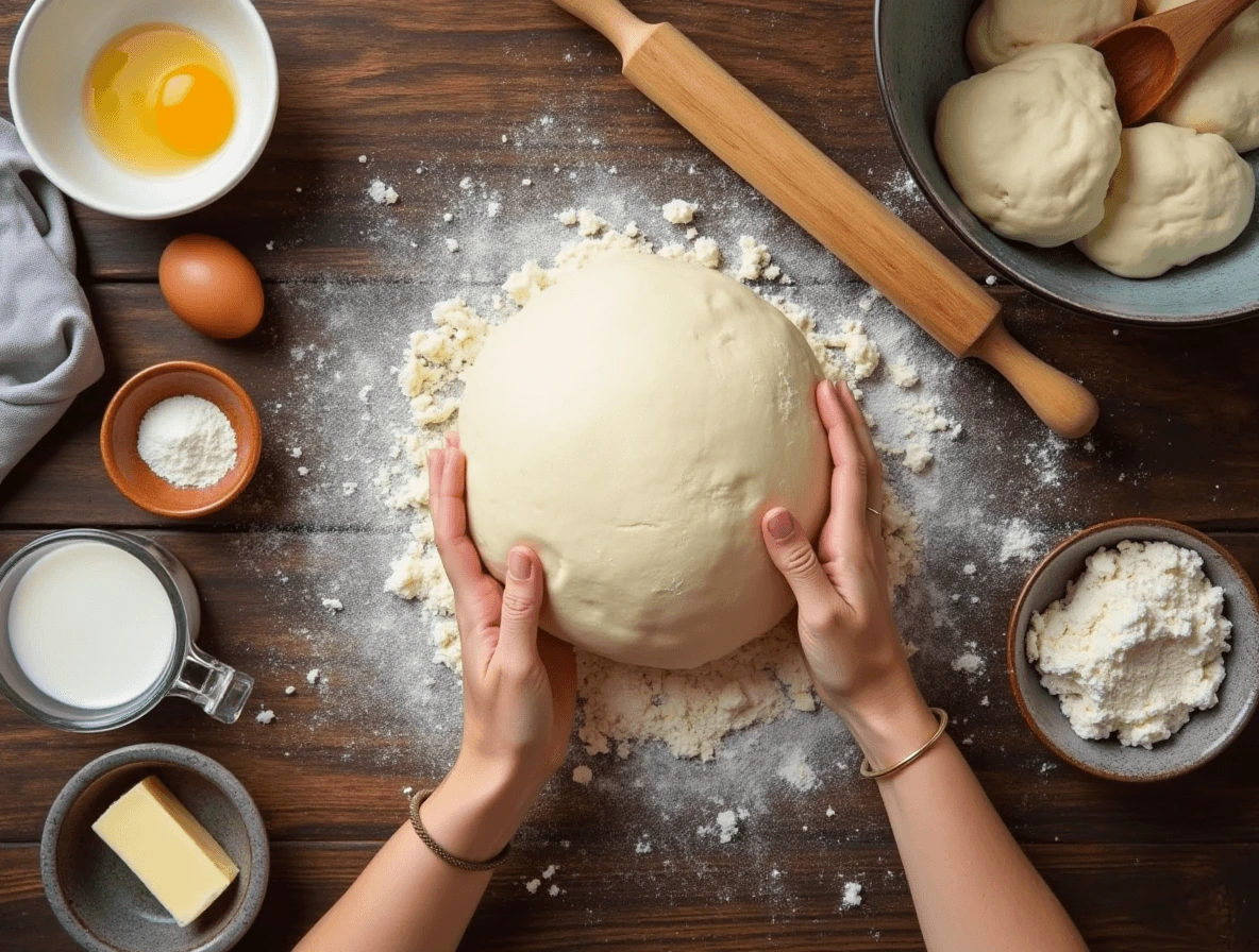 A ball of freshly kneaded beignet dough on a floured surface, surrounded by ingredients like eggs, butter, and milk, with hands gently kneading the dough.